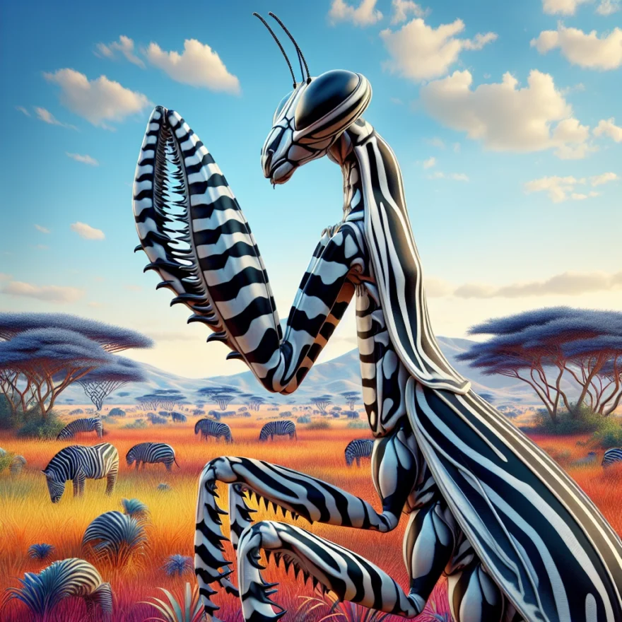 Illustration of African zebra mantises, displaying their striking black and white stripes, poised in prayer-like stance, with an exotic backdrop of vibrant savanna grasslands.