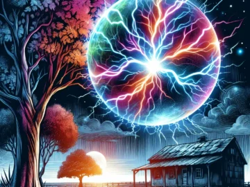 Illustration of a vibrant, electrifying sphere of ball lightning hovering over a serene, nocturnal landscape, casting an eerie glow on the surrounding trees and a nearby farmhouse.