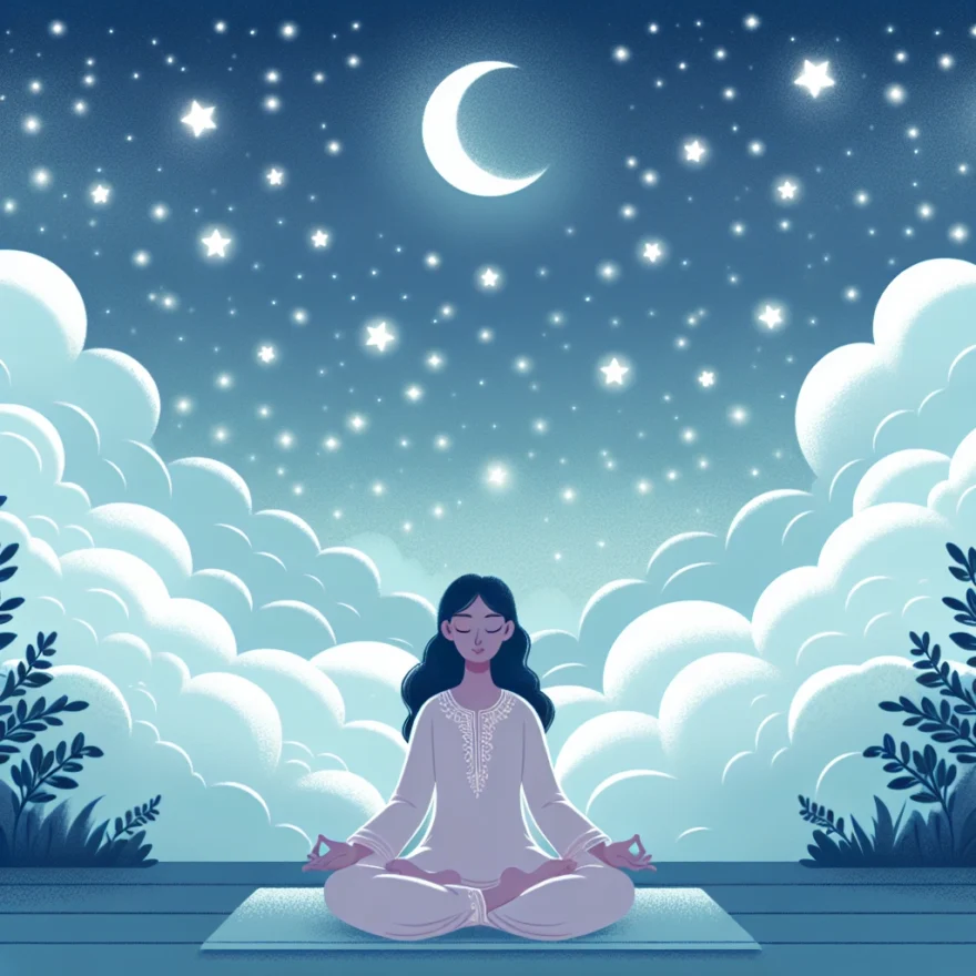 The Role of Meditation in Improving Sleep Quality Illustration of a serene individual meditating under a star-filled night sky, surrounded by dreamy clouds and a crescent moon, symbolizing peaceful sleep through meditation.