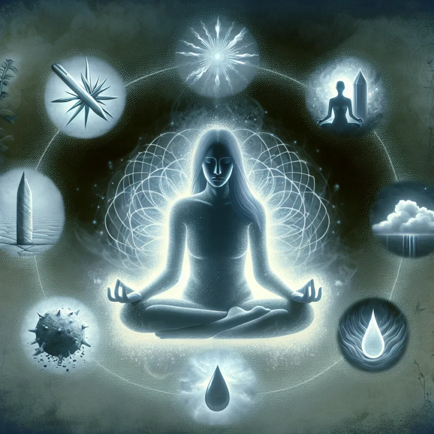 Illustration of a serene individual in a peaceful lotus position, surrounded by a soothing aura, with faded images of pain symbols being expelled from their body.