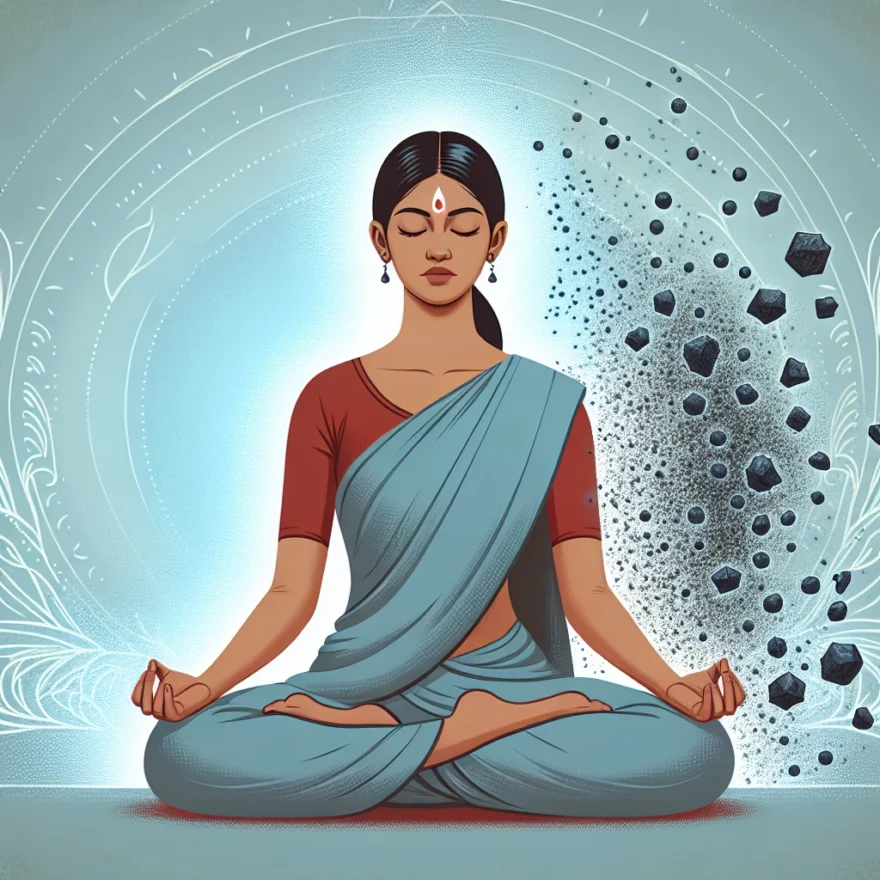 The Role of Meditation in Pain Management Illustration of a serene individual in a lotus position, surrounded by a calming aura, with symbolic representations of pain particles diminishing around them.