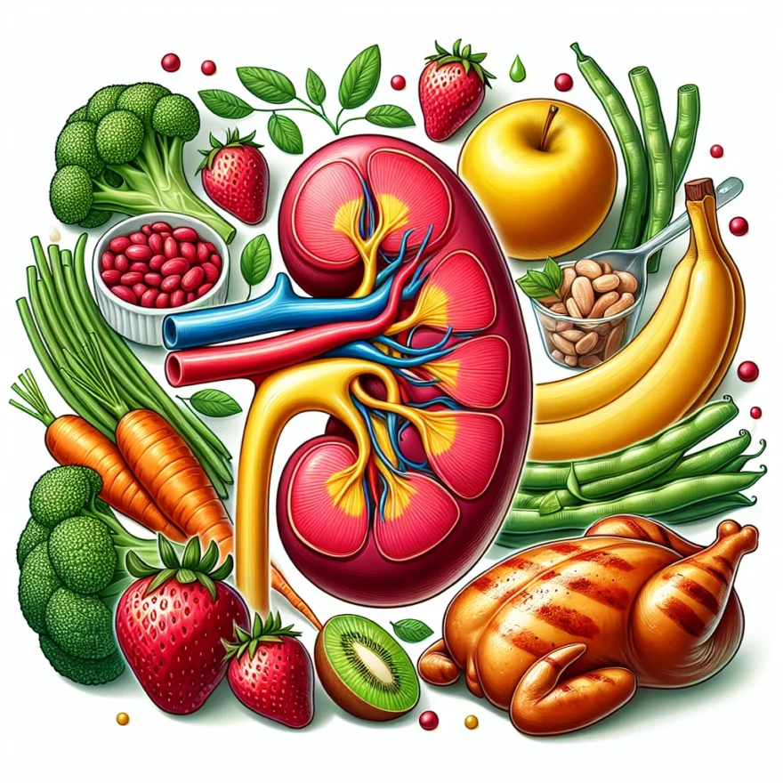 The Role of Nutrition in Kidney Health Illustration of a healthy kidney surrounded by various nutrient-rich foods like fruits, vegetables, and lean proteins, symbolizing the positive impact of nutrition on kidney health.