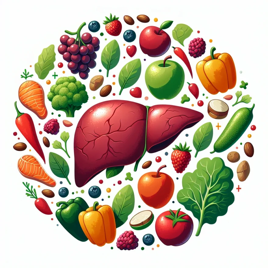 The Role of Nutrition in Liver Health Illustration of a vibrant, healthy liver surrounded by various nutritious foods like fruits, vegetables, whole grains, and lean proteins, symbolizing the impact of diet on liver health.