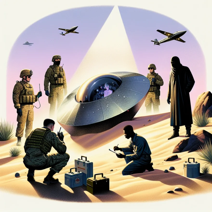 Illustration of a mysterious metallic object crash-landed in the desolate Roswell desert, surrounded by military personnel, with a suspicious, shadowy figure observing from a distance.