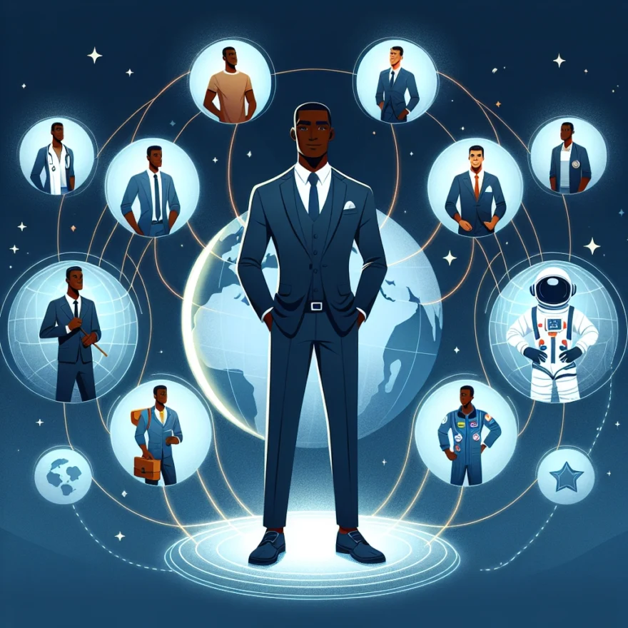 Illustration of Idris Elba standing confidently in the center, surrounded by multiple Earths, each showing different versions of him in various roles and outfits, all connected by glowing lines.