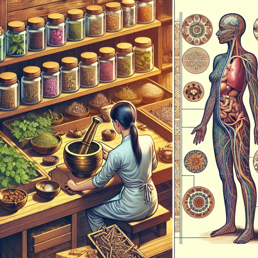 The Science Behind Ayurvedic Medicine Illustration of various Ayurvedic herbs in glass jars, a practitioner preparing a concoction, and simplified diagrams of human body showcasing energy flow.