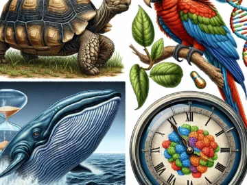 The Science of Animal Senescence: Exploring the Biology of Aging Illustration of various animals such as tortoises, parrots, and whales, alongside a DNA helix, a ticking clock, and a magnifying glass focusing on a cell.