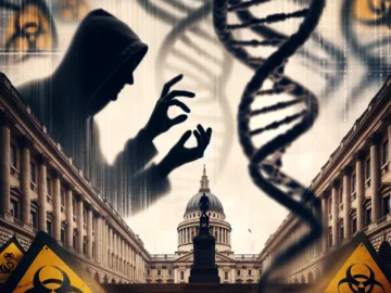 Illustration of a shadowy figure manipulating a DNA strand, with a backdrop of government buildings and biohazard symbols, depicting a conspiracy theory theme.