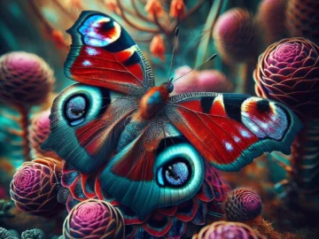 Illustration of a vibrant African Peacock Butterfly, showcasing its strikingly colorful wings in detailed close-up. The background features exotic African flora, enhancing the butterfly's natural habitat.