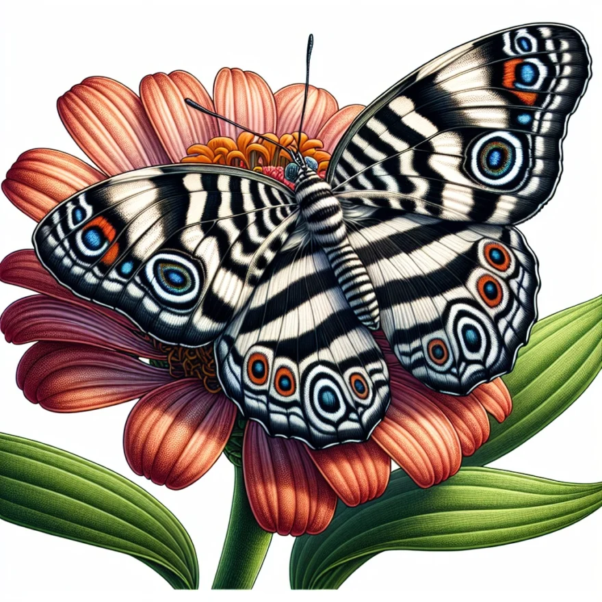 The Striking African Zebra Peacock Butterfly: A Detailed Exploration Illustration of an African Zebra Peacock Butterfly perched on a vibrant flower, showcasing its striking black and white stripes and intricate peacock eye patterns on its wings.