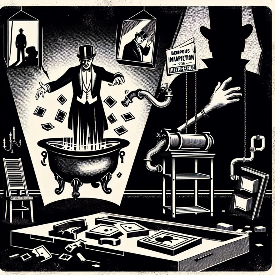 The Suspicious Circumstances Surrounding the Death of Houdini: Accident or Murder? Illustration of Houdini performing his last trick, a shadowy figure lurking in the background, and a broken water tank hinting at foul play, with a vintage, noir aesthetic.