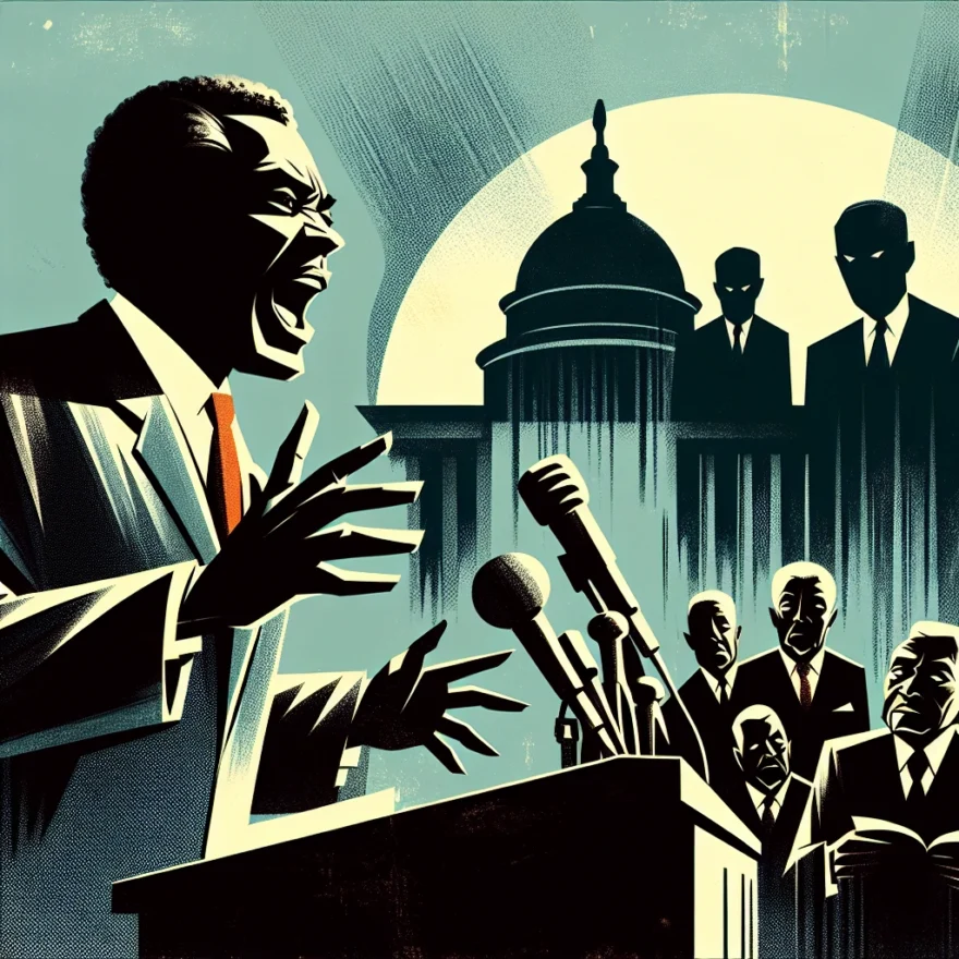 Illustration of Malcolm X delivering a powerful speech, shadowy figures lurking in the background, and a silhouette of the Capitol building, hinting at a potential conspiracy.