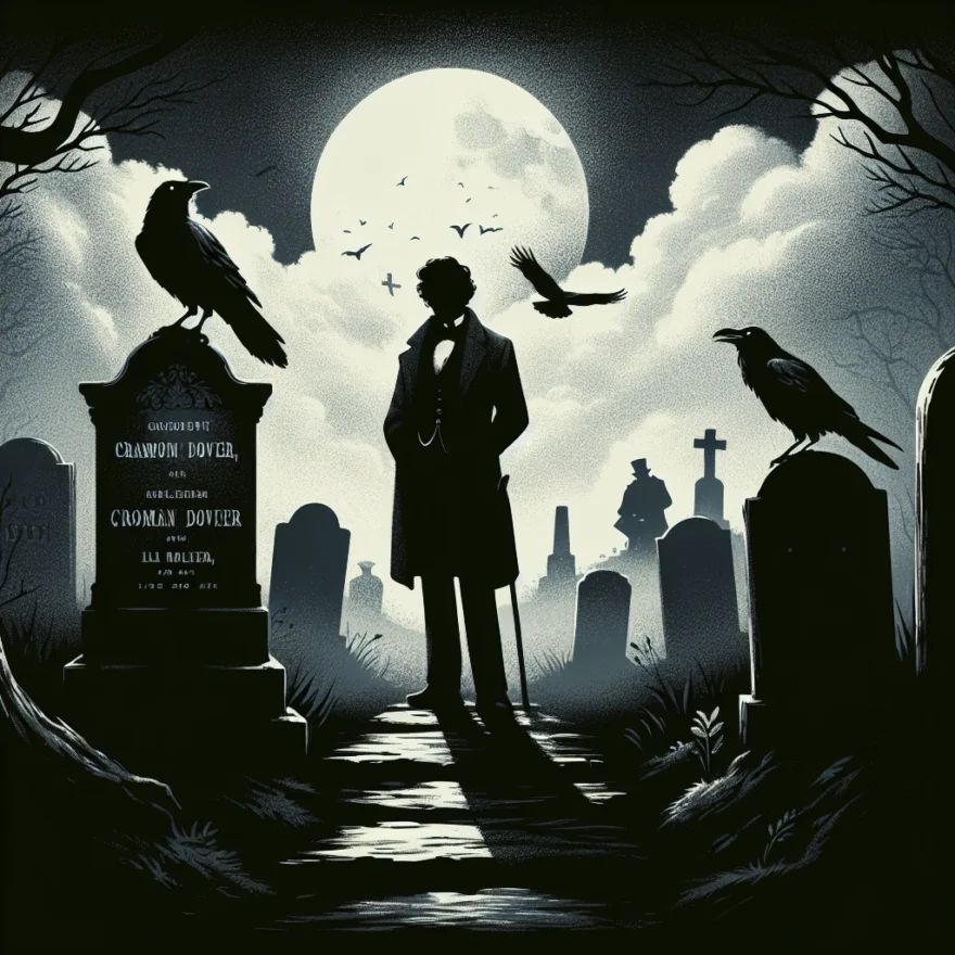 Illustration of a gloomy, moonlit cemetery with Edgar Allan Poe's silhouette, a raven perched on a gravestone, and shadowy figures suggesting a mysterious conspiracy in the background.