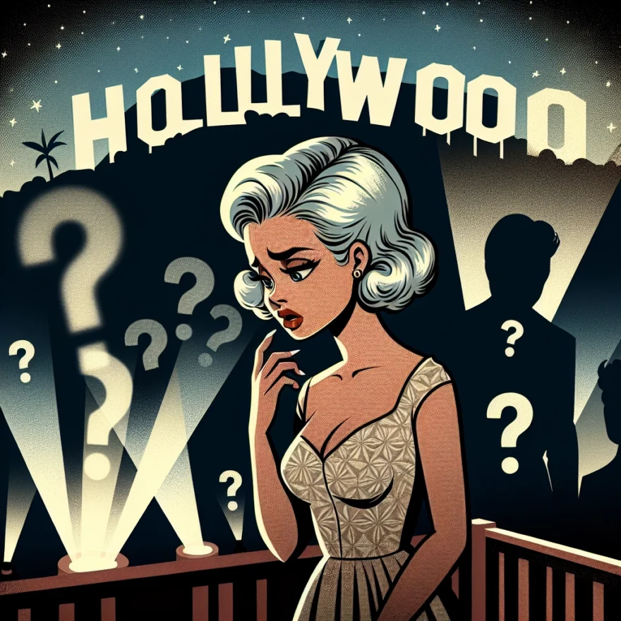 Illustration of a distressed Marilyn Monroe, spotlighted against a dark Hollywood backdrop, with shadowy figures and question marks lurking, hinting at a sinister conspiracy.