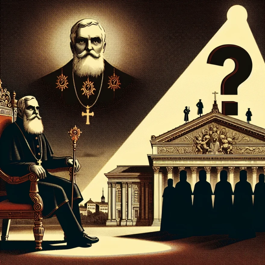Illustration of Pope John Paul I seated in a grand papal throne, with shadowy figures lurking in the background. A question mark hovers ominously over the Vatican in the distance.