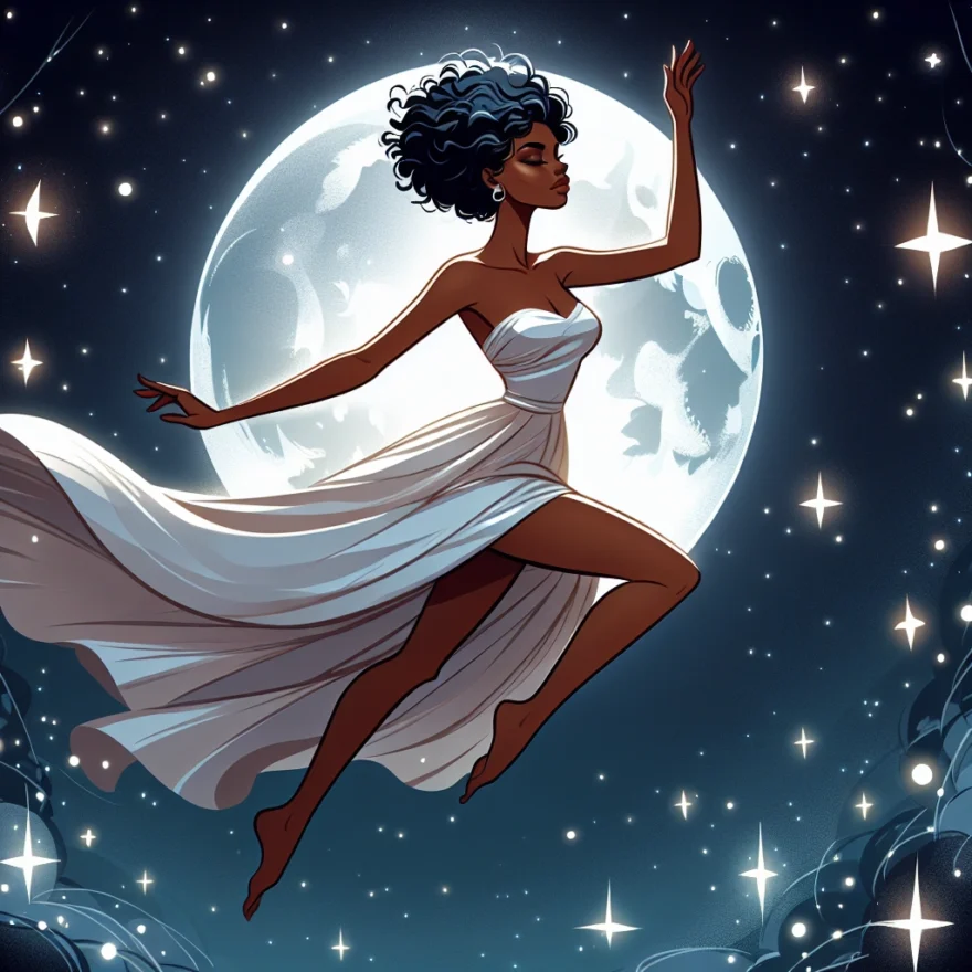 The Tale of Lupita Nyong’o’s Sky-High Flying Illustration of Lupita Nyong'o soaring gracefully through a starry night sky, with a radiant full moon casting a soft glow. Her elegant dress billows as she flies among twinkling stars.