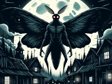 Illustration of a shadowy, winged figure with glowing red eyes, hovering over a dimly lit, rustic town, evoking a sense of mystery and fear, embodying the folklore of the Mothman.