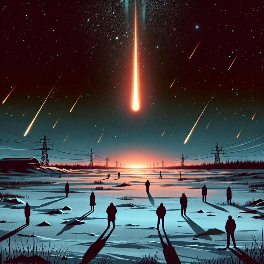 Illustration of a fiery meteor descending towards a desolate Siberian landscape, with shadowy figures in the foreground, possibly hinting at aliens or government agents.