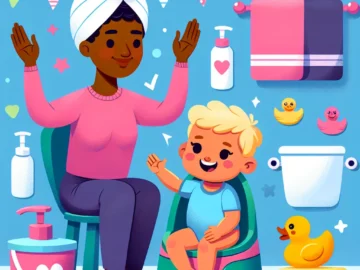Illustration of a cheerful toddler sitting on a colorful potty chair, with a proud parent clapping in the background. Various playful bathroom items surround them, creating a supportive atmosphere.