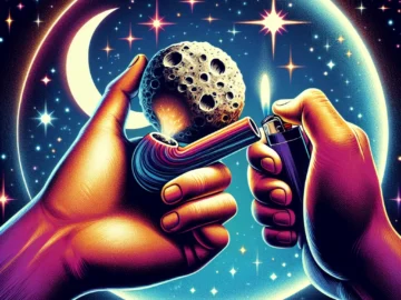 The Ultimate Guide to Smoking Moon Rock by Itself Illustration of a vibrant moon rock nestled in a pipe, surrounded by a cosmic backdrop with a hand holding a lighter, ready to ignite the unique substance.