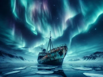 The Unexplained Disappearance of the SS Baychimo: Arctic Ghost Ship or Forgotten Wreck? Illustration of a rusty, abandoned ship, the SS Baychimo, eerily floating through icy, Arctic waters under a hauntingly beautiful aurora-lit night sky.