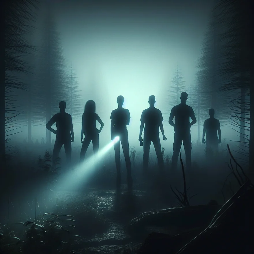 Illustration of five silhouetted figures against a misty forest backdrop, a lone flashlight beam cutting through the darkness, hinting at an eerie, unresolved mystery.