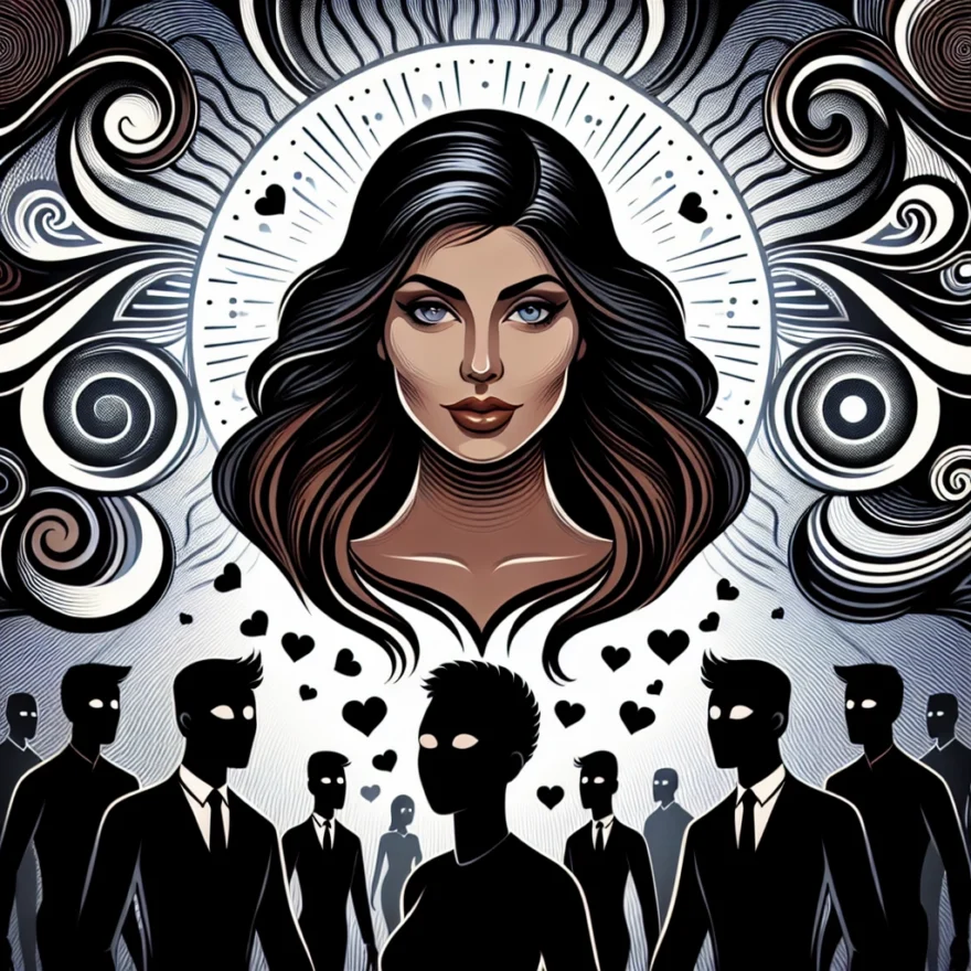 Illustration of Meghan Markle with a mystical aura around her head, surrounded by swirling, hypnotic patterns. Silhouetted figures with wide eyes appear entranced, moving towards her in unison.