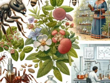 The Use of Ants in Traditional Medicine and Modern Pharmacology Illustration of various ant species, traditional medicinal tools, and modern pharmacological equipment, showcasing a fusion of ancient practices and contemporary science.