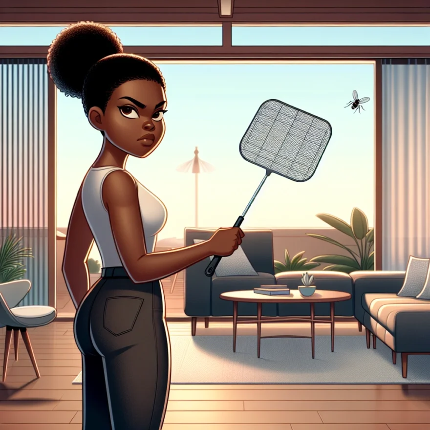 The War on Flies: Strategies for a Fly-Free Home Illustration of a determined homeowner, armed with a fly swatter, standing in a spotless living room. In the background, a window is covered with a fly screen.