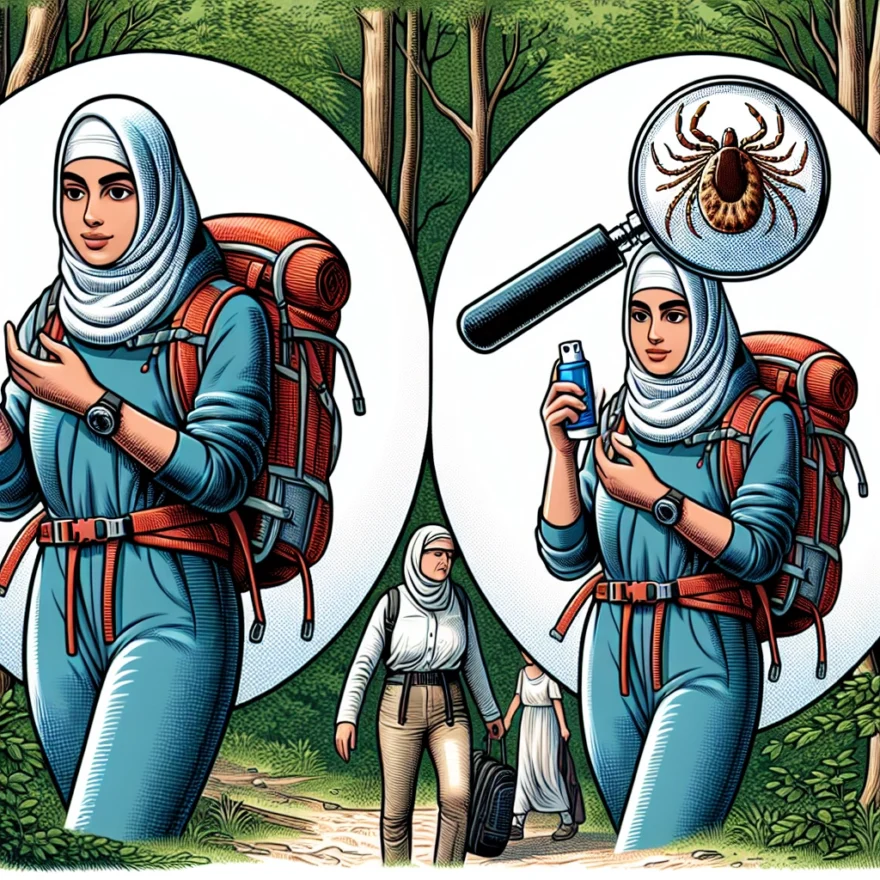 Illustration of a hiker wearing protective clothing in a wooded area, applying insect repellent, while a magnified tick hovers nearby, showcasing the potential danger.