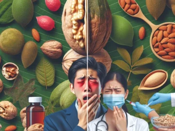 Illustration of a variety of tree nuts, a person displaying allergic symptoms, and a medical professional administering treatment, all set against a leafy, green background.