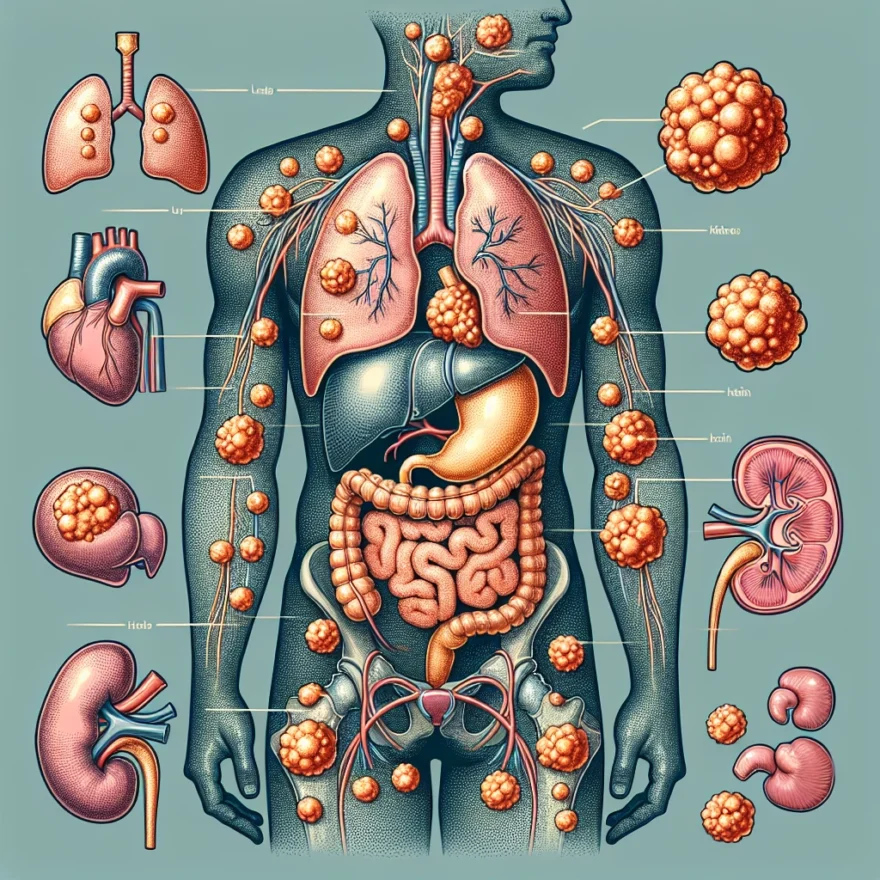 Illustration of a human body highlighting various organs, each dotted with small tumor-like formations, symbolizing the impact of Tuberous Sclerosis on multiple organ systems.