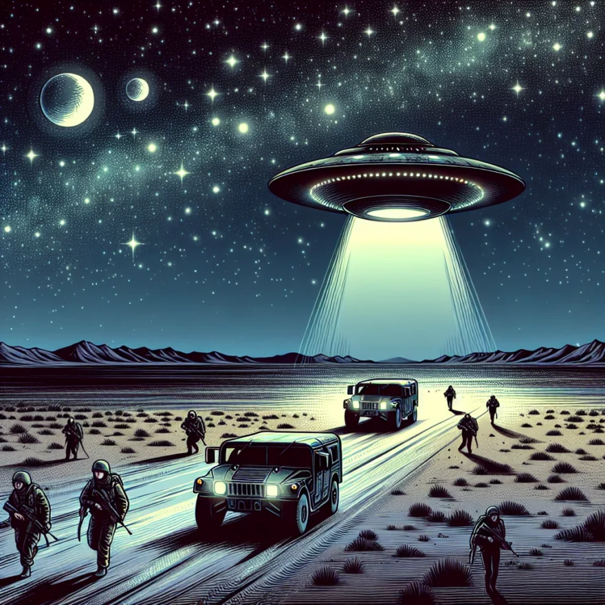 UFO Crashes: Extraterrestrial Evidence or Military Secrets? Illustration of a mysterious flying saucer crashing in a remote, desolate landscape, with military vehicles rushing towards it, under a star-studded night sky.