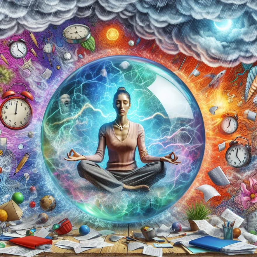 Illustration of a serene individual meditating inside a bubble, surrounded by chaotic symbols of worry and stress, demonstrating the power of mindfulness amidst anxiety.