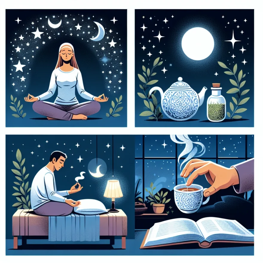 Unconventional Approaches to Managing Insomnia Illustration of a woman meditating under a starry night sky, a cup of herbal tea on a bedside table, and a pair of hands holding a book, symbolizing unconventional insomnia management methods.