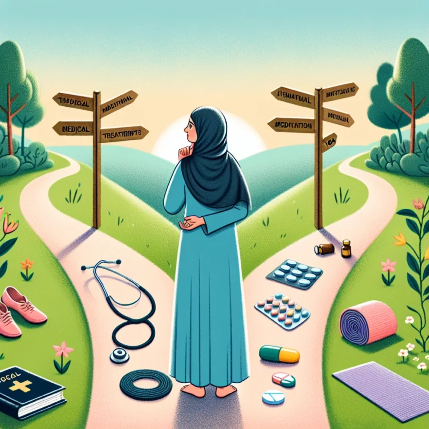 Illustration of a woman standing at a crossroads, one path leading to traditional treatments and the other to unconventional methods, with symbols of yoga, meditation, and nature therapy along it.