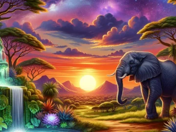 Uncovering the African Elephant’s Fountain of Youth Illustration of an aged, majestic African elephant standing by a mystical, sparkling fountain in a lush, verdant savannah, with a vibrant sunset painting the sky in the background.