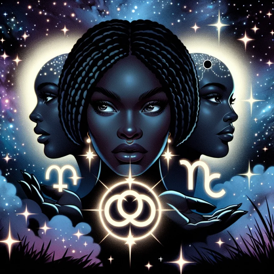 Illustration of a poised Scorpio woman gazing at three astrological symbols representing potential partners, all under a starlit, cosmic backdrop, radiating an aura of mystery and intensity.