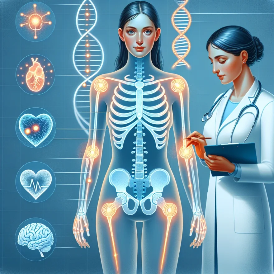 Illustration of a human body highlighting joints, a DNA strand representing genetic causes, a doctor for treatment, and various symbols depicting common symptoms of Ehlers-Danlos Syndrome.