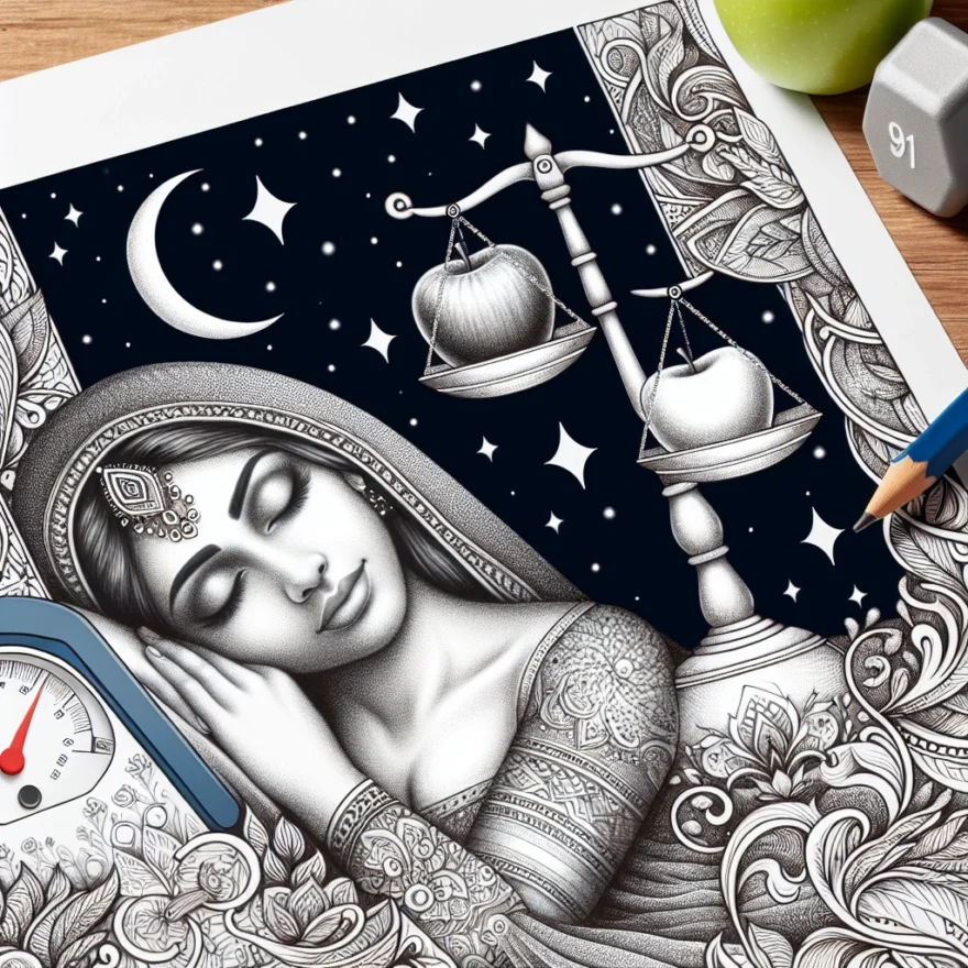 Illustration of a woman peacefully sleeping with a moon and stars above her, while a balanced scale, an apple, and a dumbbell symbolize weight loss on the side.