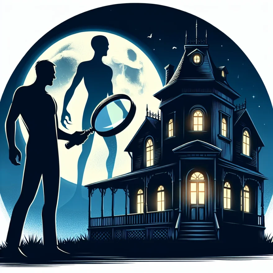 Unmasking the Paranormal: A Review of ‘Shadows in the Night’ by Richard Thompson Illustration of a mysterious, shadowy figure emerging from an old, haunted house under a full moon, with a silhouette of Richard Thompson holding a magnifying glass in the foreground.