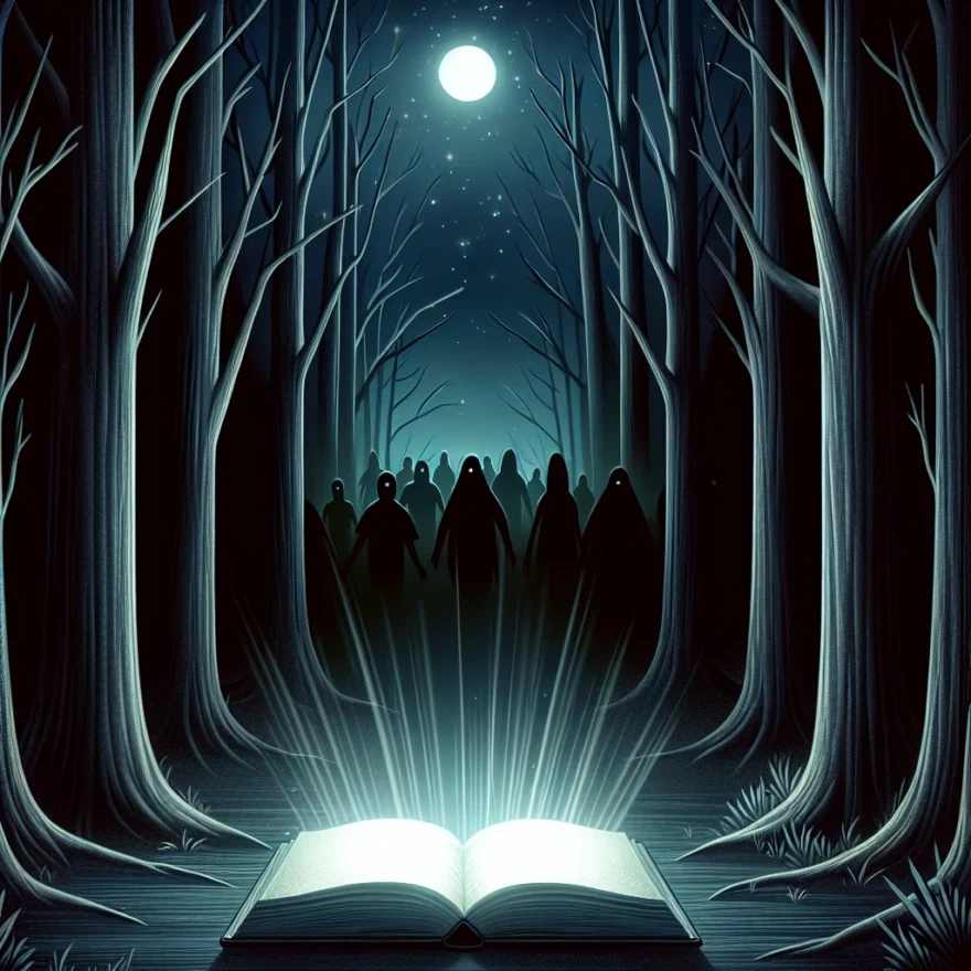 Illustration of an ominous, dark forest with shadowy figures lurking amidst the trees, a glowing book floating in the foreground, and a mysterious, ethereal light illuminating the scene.