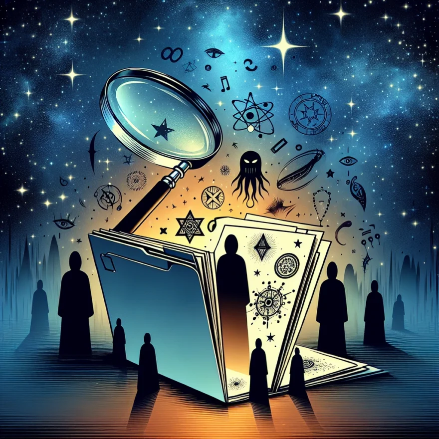Unraveling the Enigma: A Review of ‘The Unexplained Files’ by Mark Anderson Illustration of a mysterious, open file with enigmatic symbols and images, shadowy figures, and a magnifying glass hovering over it, set against a backdrop of a star-studded cosmos.