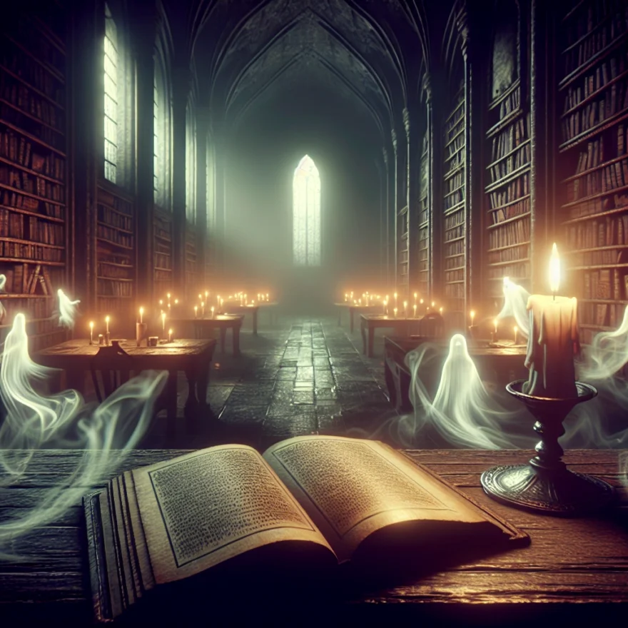 Illustration of a dimly lit, ancient library with a single candle illuminating a mysterious, open book, while ghostly whispers seem to float around the room, creating an eerie atmosphere.