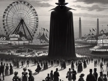 Illustration of a looming, shadowy figure with a top hat amid a vibrant, bustling 1893 Chicago World's Fair, with Ferris Wheel in the backdrop, invoking a sense of intrigue and dread.