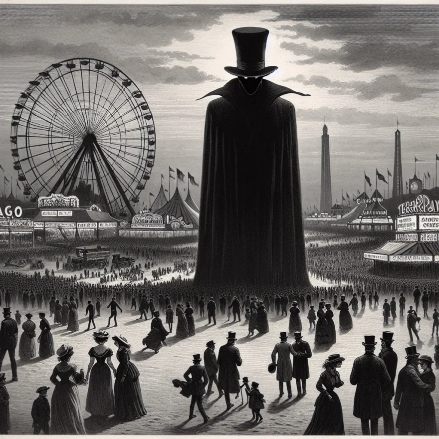 Unraveling the Mystery: The Devil in the White City: Murder and Madness at the Fair Illustration of a looming, shadowy figure with a top hat amid a vibrant, bustling 1893 Chicago World's Fair, with Ferris Wheel in the backdrop, invoking a sense of intrigue and dread.
