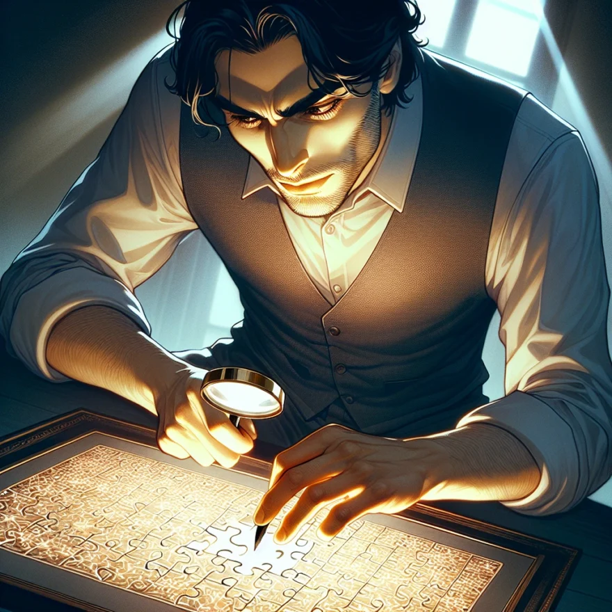 Unveiling the Enigma: Decoding ‘The Puzzle Master’ by Benjamin Davis Illustration of a man hunched over a complex, glowing puzzle, with a magnifying glass in one hand. His focused expression reflects the intrigue and challenge presented in the book.