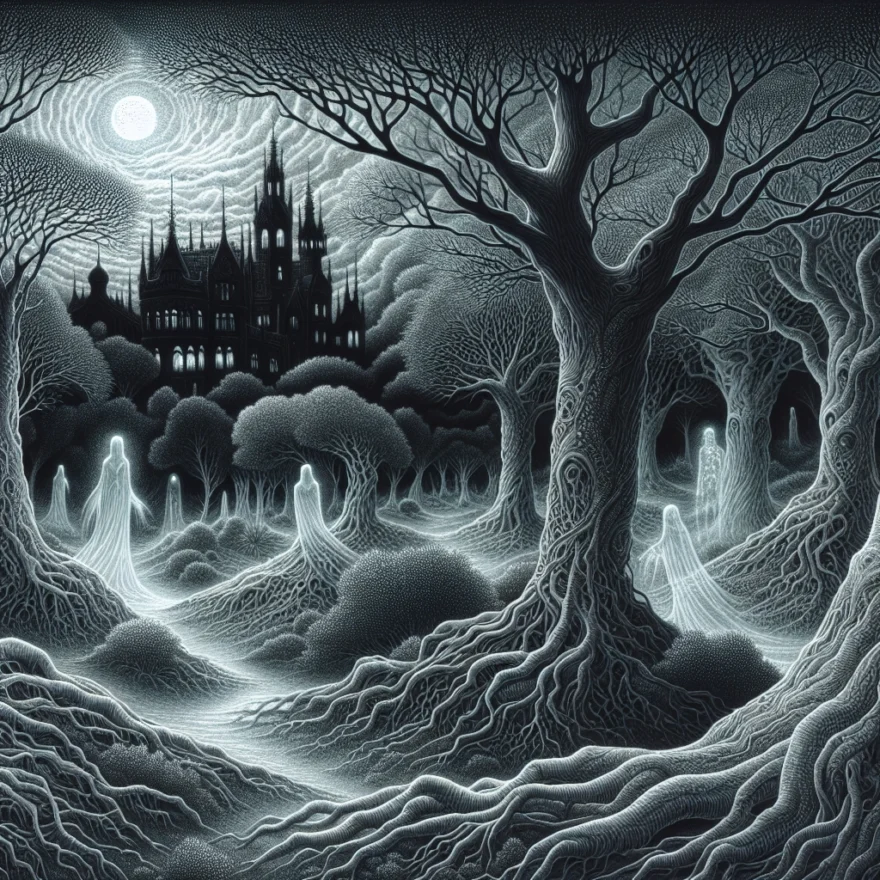 Illustration of a moonlit, eerie park with spectral figures floating amidst ancient trees, a dilapidated mansion in the background, and a mysterious fog rolling over the landscape.