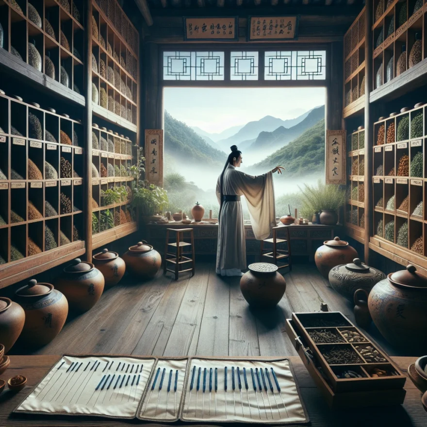 Unveiling the Secrets of Traditional Chinese Medicine Illustration of an ancient Chinese apothecary, filled with medicinal herbs, a practitioner preparing remedies, acupuncture needles, and a Tai Chi master demonstrating moves in a serene landscape.