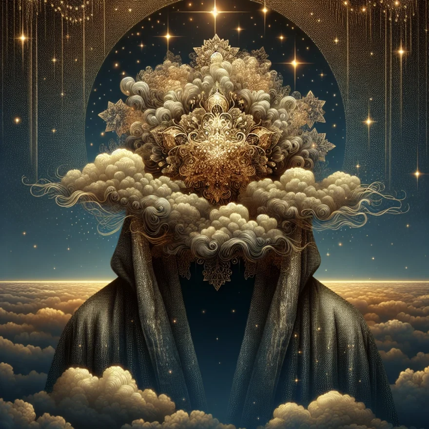 Illustration of a shadowy figure draped in a cloak, peering through an ornate, golden veil. The backdrop is a surreal, twilight sky, dotted with sparkling stars.